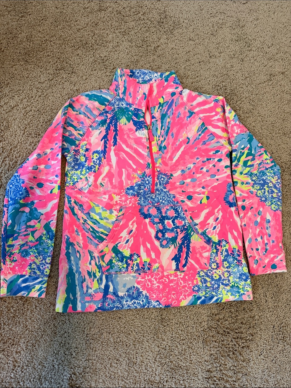 Girls Lilly Pulitzer Neon Pink Tropical Quarter-Zip Pullover